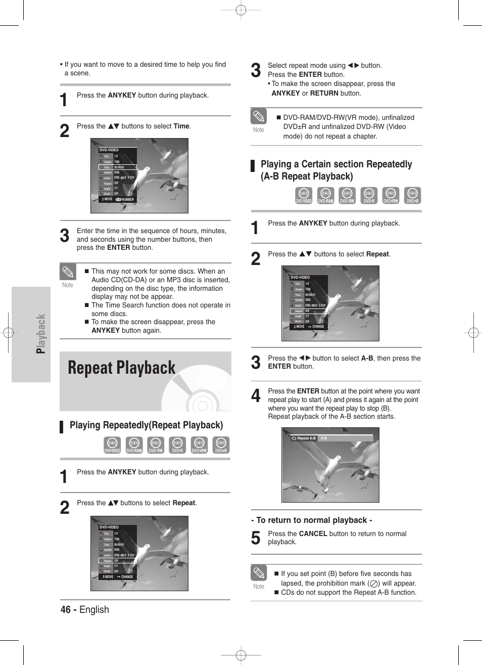 Repeat playback, Playback, Playing repeatedly(repeat playback) | 46 - english | Samsung DVD-VR330-XAA User Manual | Page 46 / 99