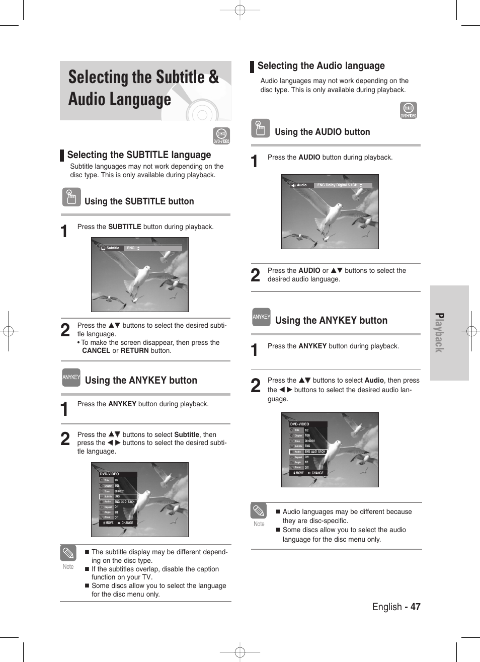 Selecting the subtitle & audio language, Playback, English - 47 | Selecting the subtitle language, Using the anykey button, Selecting the audio language, Using the subtitle button, Using the audio button | Samsung DVD-VR330-XAA User Manual | Page 47 / 99