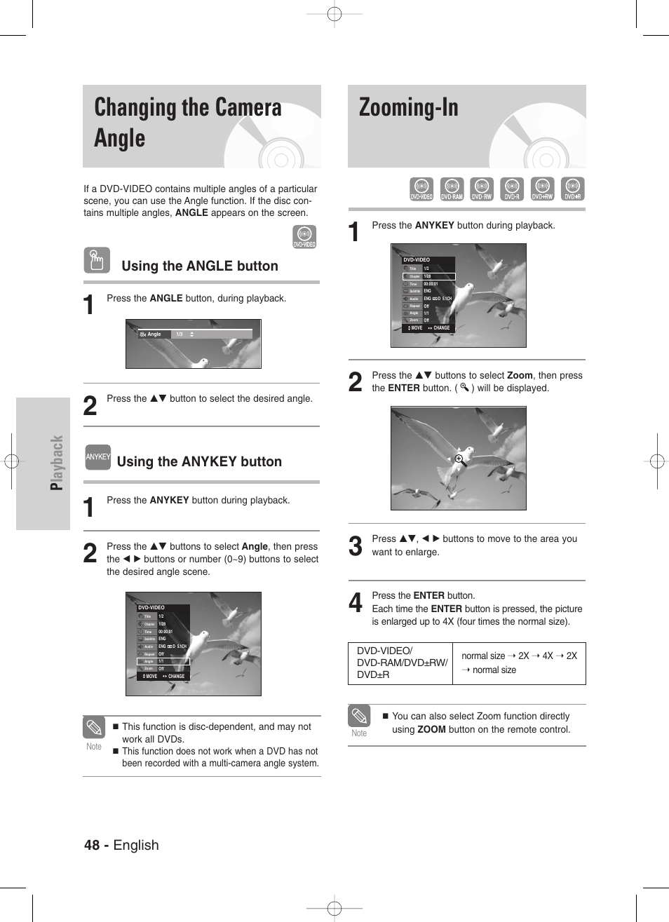 Changing the camera angle, Zooming-in, Playback | 48 - english, Using the angle button, Using the anykey button | Samsung DVD-VR330-XAA User Manual | Page 48 / 99
