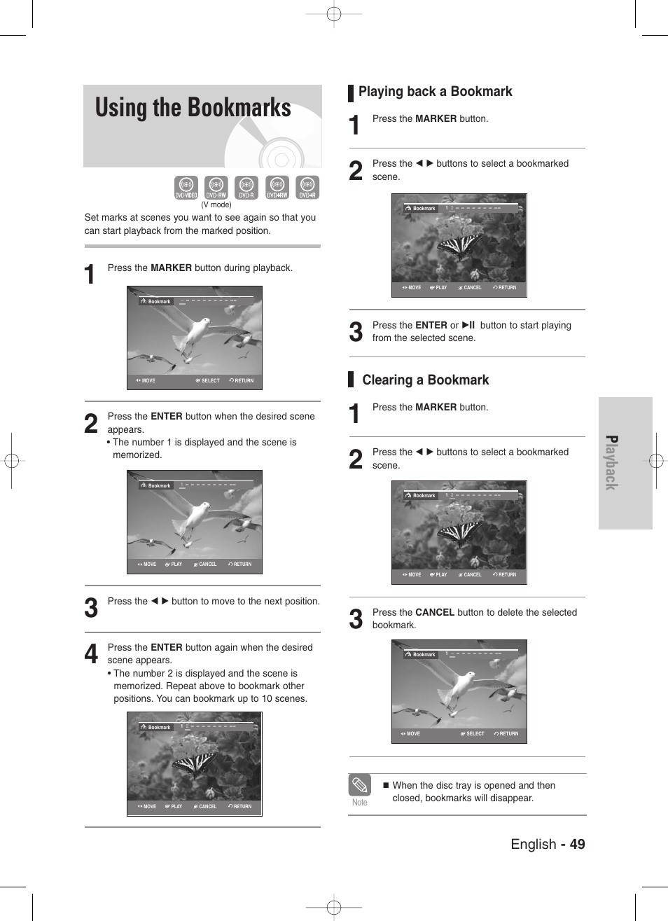 Using the bookmarks, Playback, English - 49 | Playing back a bookmark, Clearing a bookmark | Samsung DVD-VR330-XAA User Manual | Page 49 / 99
