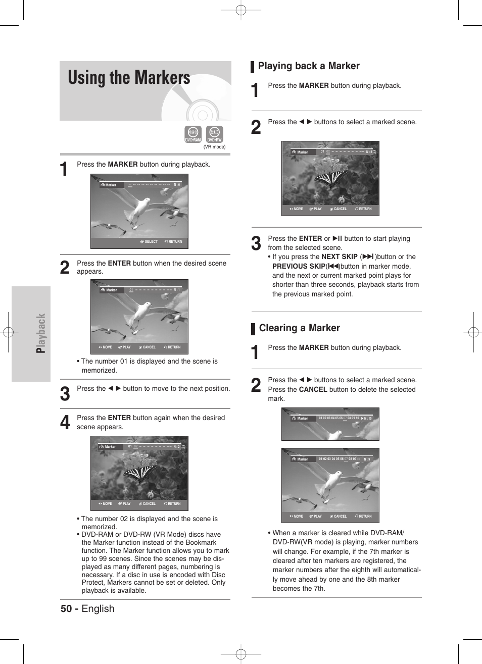 Using the markers, Playback, 50 - english | Playing back a marker, Clearing a marker | Samsung DVD-VR330-XAA User Manual | Page 50 / 99