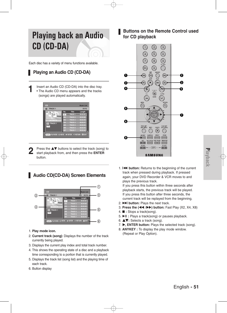 Playing back an audio cd (cd-da), Playback, English - 51 | Buttons on the remote control used for cd playback, Playing an audio cd (cd-da), Audio cd(cd-da) screen elements | Samsung DVD-VR330-XAA User Manual | Page 51 / 99