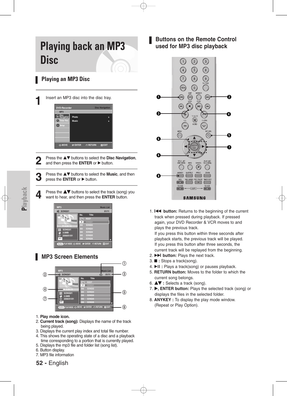 Playing back an mp3 disc, Playback, Playing an mp3 disc | Mp3 screen elements, 52 - english | Samsung DVD-VR330-XAA User Manual | Page 52 / 99