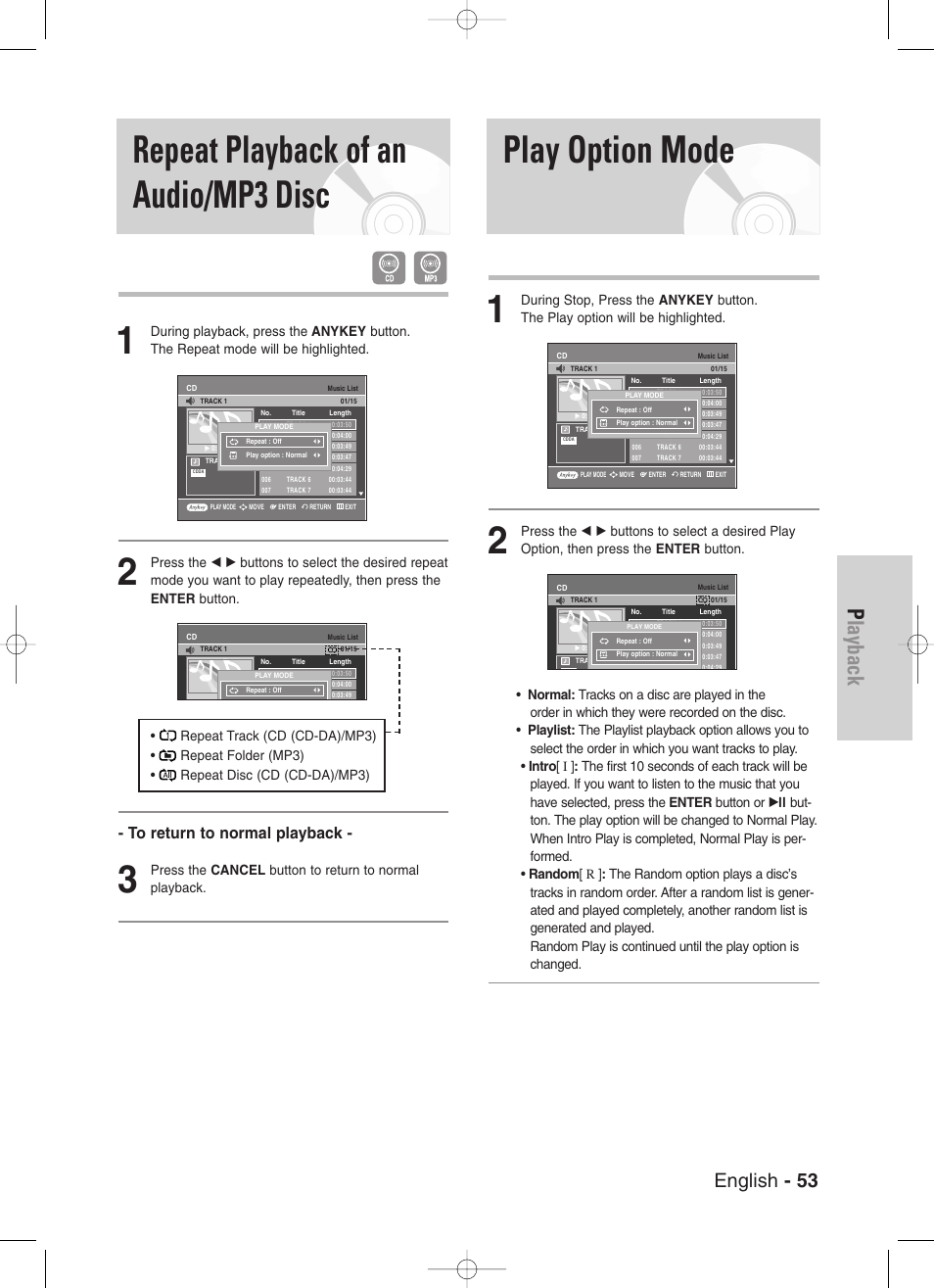Repeat playback of an audio/mp3 disc, Play option mode, Playback | English - 53 | Samsung DVD-VR330-XAA User Manual | Page 53 / 99