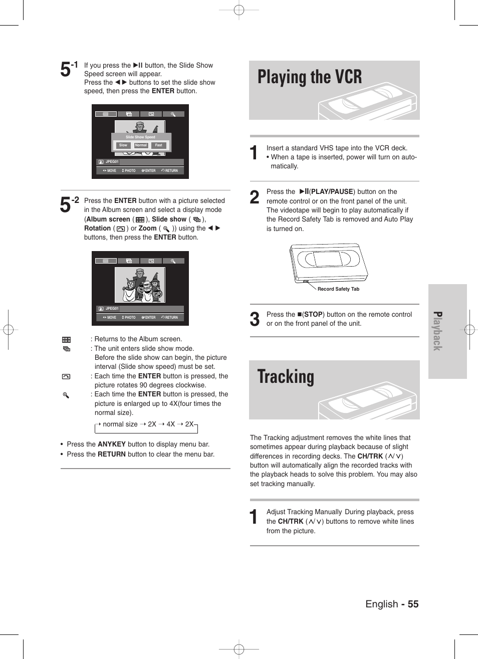 Playing the vcr, Tracking, Playing the vcr tracking | Playback, English - 55 | Samsung DVD-VR330-XAA User Manual | Page 55 / 99