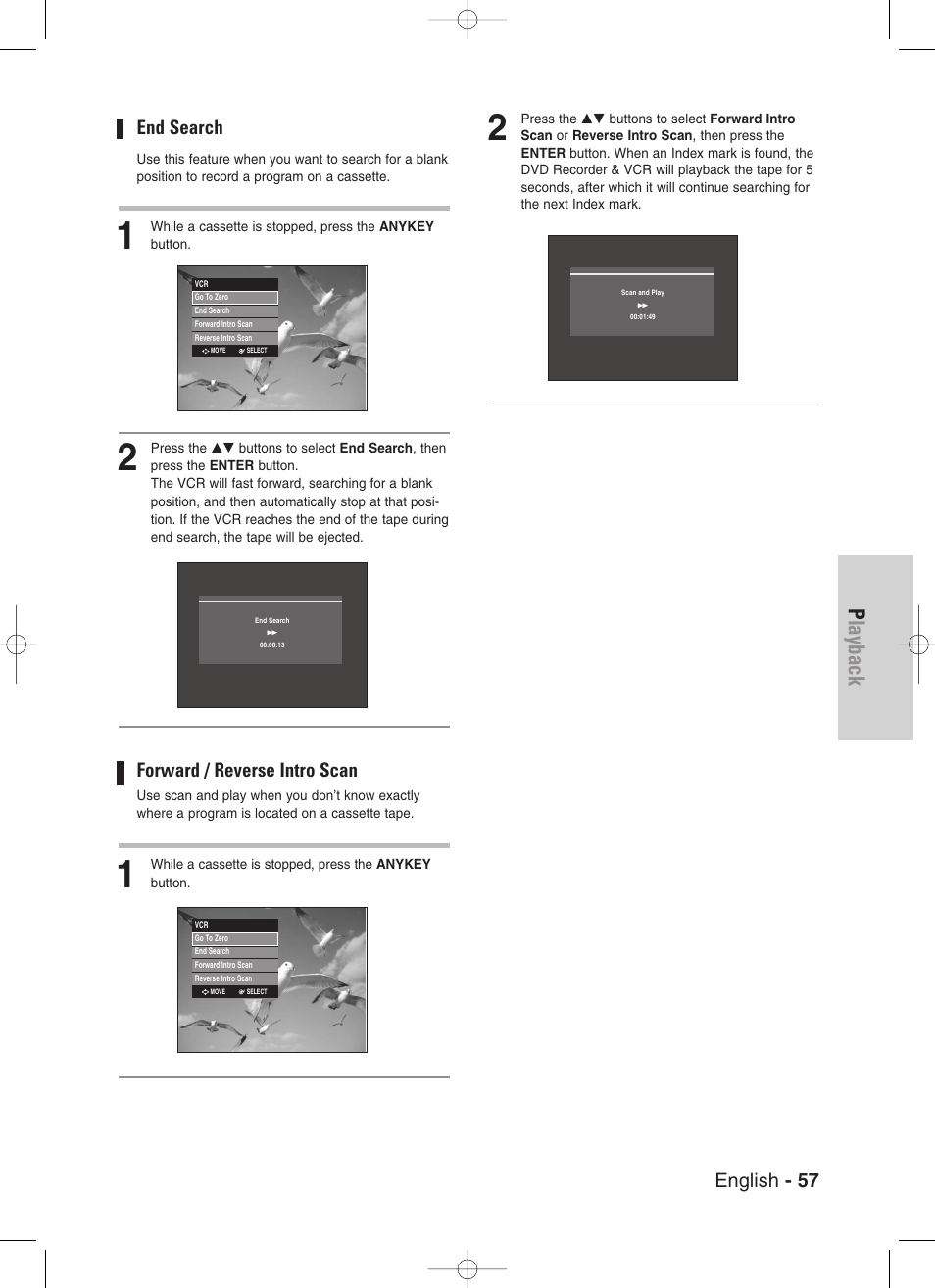 Playback, English - 57, End search | Forward / reverse intro scan | Samsung DVD-VR330-XAA User Manual | Page 57 / 99