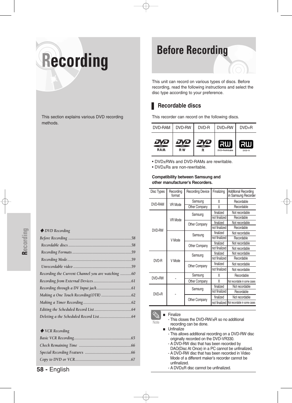 Recording, Before recording, Recordable discs | 58 - english | Samsung DVD-VR330-XAA User Manual | Page 58 / 99