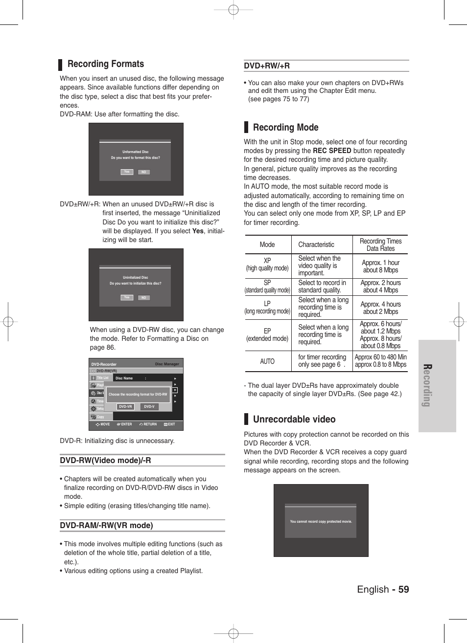 Recording formats, Recording mode, Unrecordable video | Recording, English - 59, Dvd-rw(video mode)/-r, Dvd-ram/-rw(vr mode), Dvd+rw/+r | Samsung DVD-VR330-XAA User Manual | Page 59 / 99