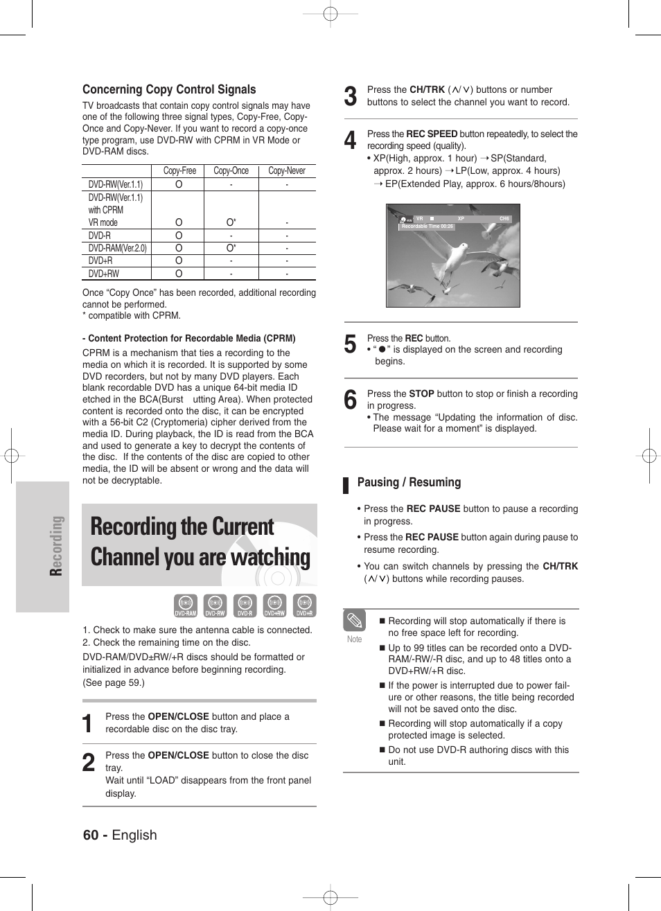Recording the current channel you are watching, Recording, 60 - english | Samsung DVD-VR330-XAA User Manual | Page 60 / 99