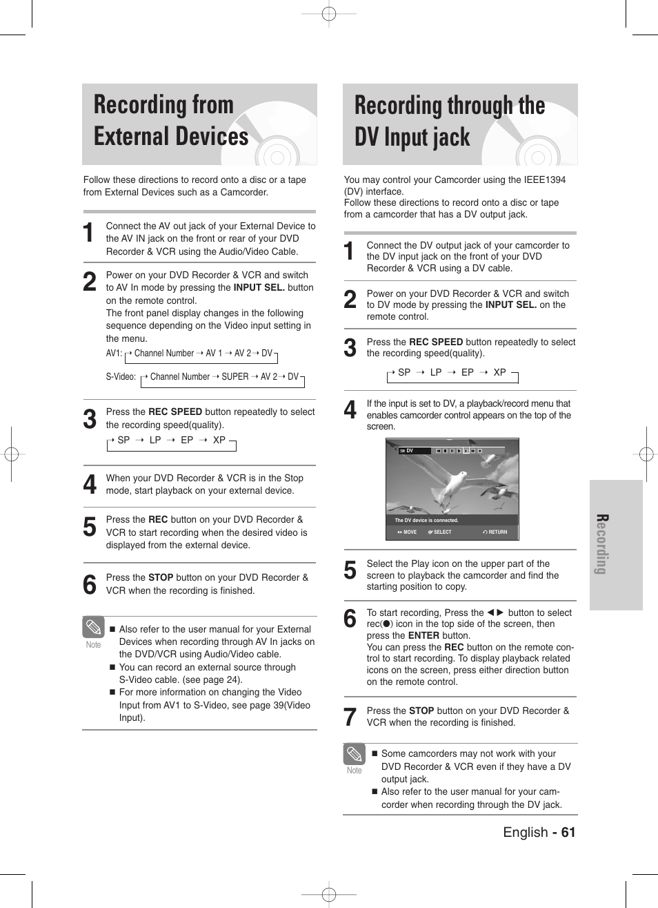 Recording from external devices, Recording through the dv input jack | Samsung DVD-VR330-XAA User Manual | Page 61 / 99