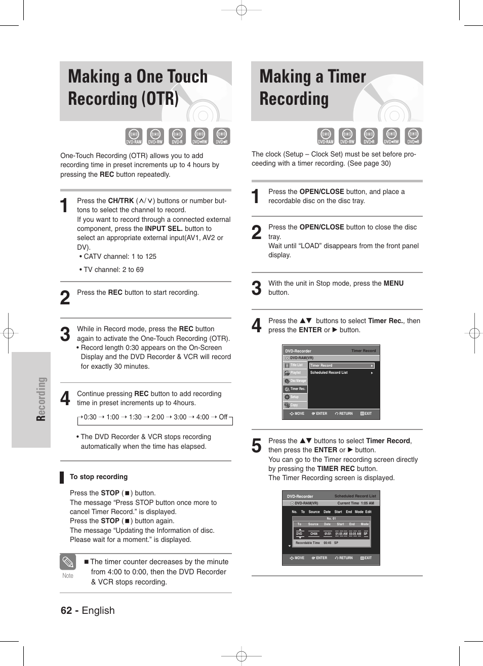 Making a one touch recording (otr), Making a timer recording, Recording | 62 - english | Samsung DVD-VR330-XAA User Manual | Page 62 / 99