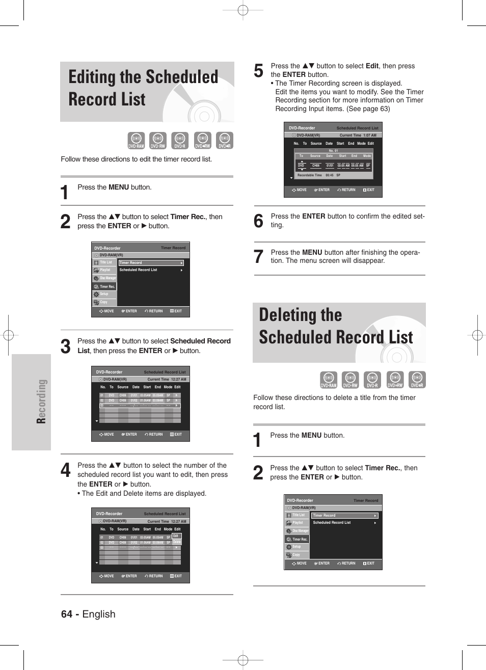 Editing the scheduled record list, Deleting the scheduled record list, Recording | 64 - english, Press the menu button | Samsung DVD-VR330-XAA User Manual | Page 64 / 99
