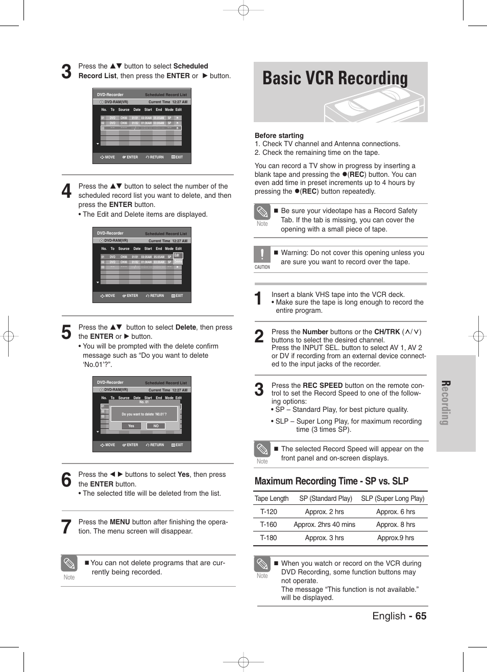 Basic vcr recording, Recording, English - 65 | Maximum recording time - sp vs. slp | Samsung DVD-VR330-XAA User Manual | Page 65 / 99