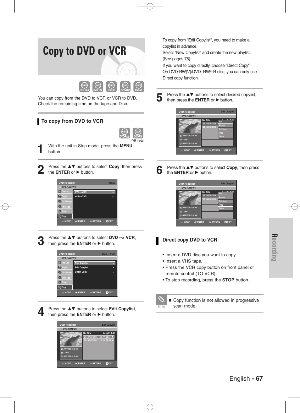 Copy to dvd or vcr, Recording, English - 67 | Direct copy dvd to vcr, With the unit in stop mode, press the menu button | Samsung DVD-VR330-XAA User Manual | Page 67 / 99