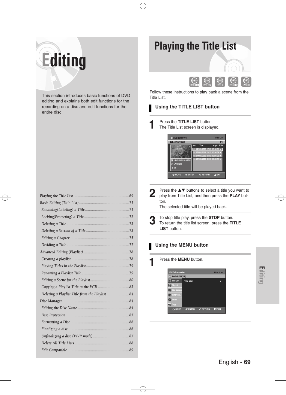 Editing, Playing the title list, English - 69 | Samsung DVD-VR330-XAA User Manual | Page 69 / 99