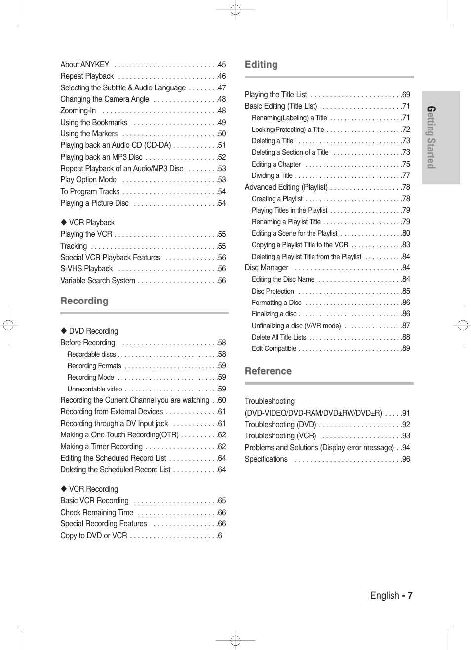 Getting started, English - 7, Recording | Editing, Reference | Samsung DVD-VR330-XAA User Manual | Page 7 / 99