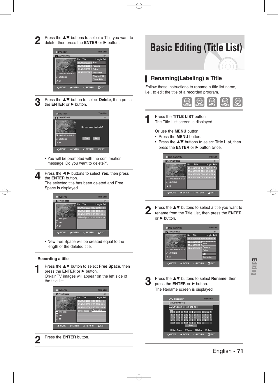 Basic editing (title list), Renaming(labeling) a title, Editing | English - 71, Press the enter button | Samsung DVD-VR330-XAA User Manual | Page 71 / 99