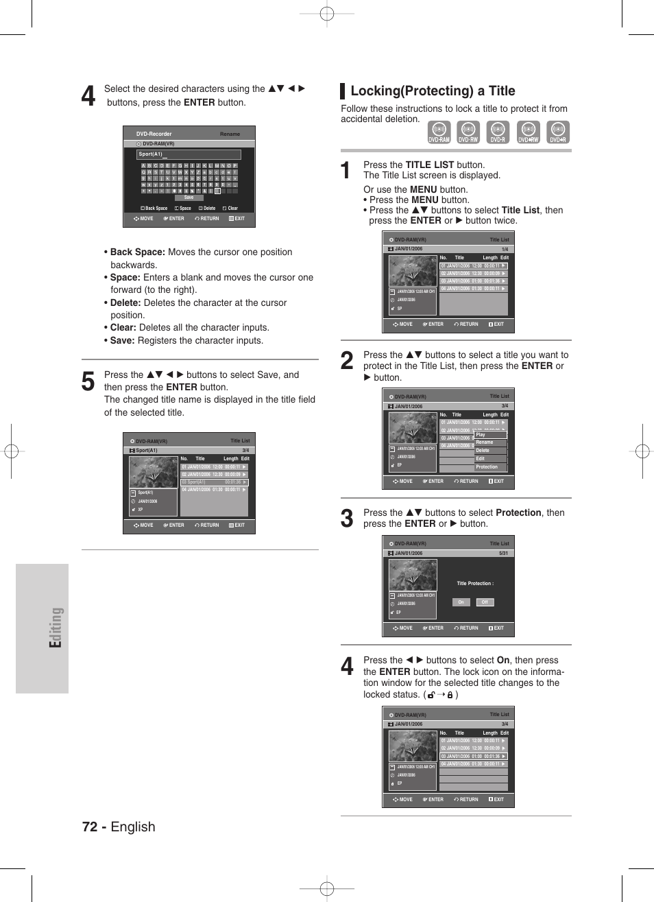 Locking(protecting) a title, Editing, 72 - english | Samsung DVD-VR330-XAA User Manual | Page 72 / 99