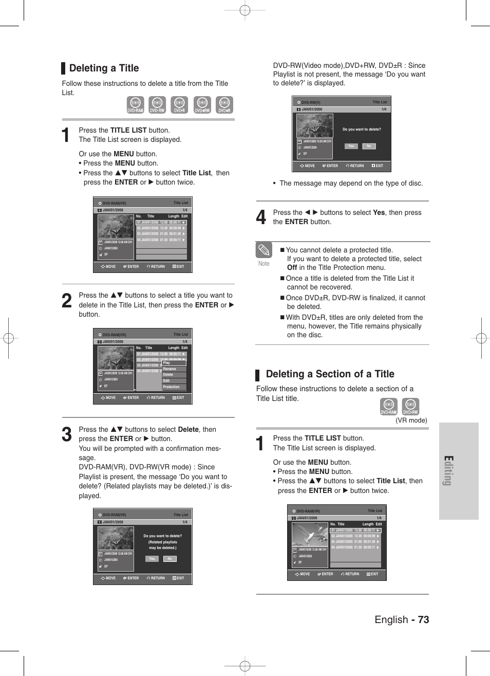 Deleting a title, Deleting a section of a title, Editing | English - 73 | Samsung DVD-VR330-XAA User Manual | Page 73 / 99