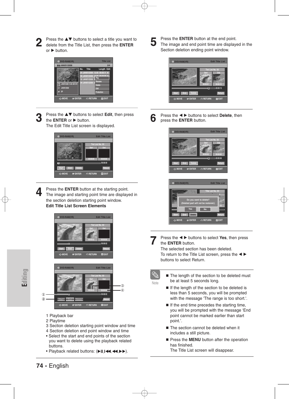 Editing, 74 - english | Samsung DVD-VR330-XAA User Manual | Page 74 / 99