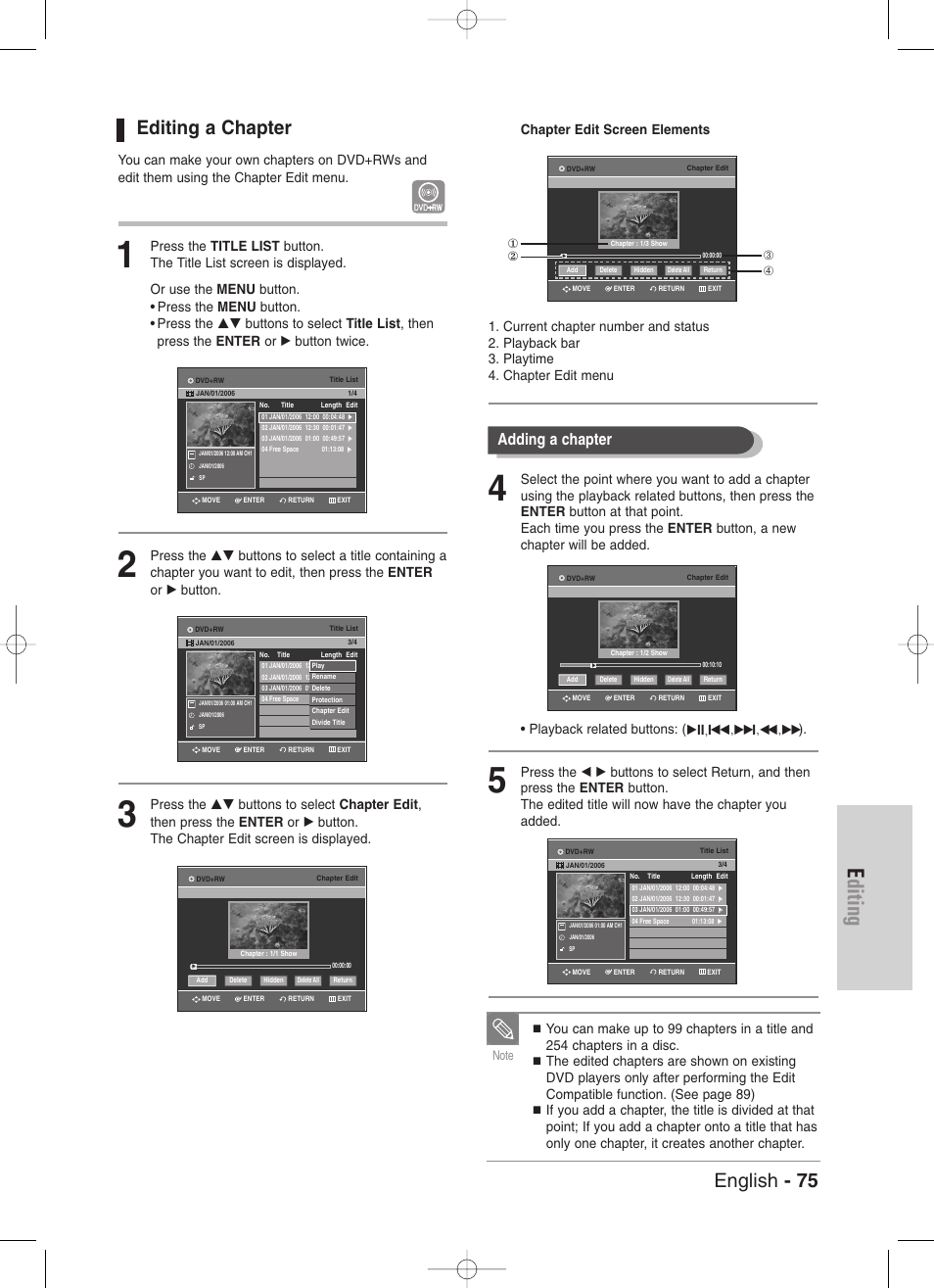 Editing a chapter, Editing, English - 75 | Adding a chapter | Samsung DVD-VR330-XAA User Manual | Page 75 / 99