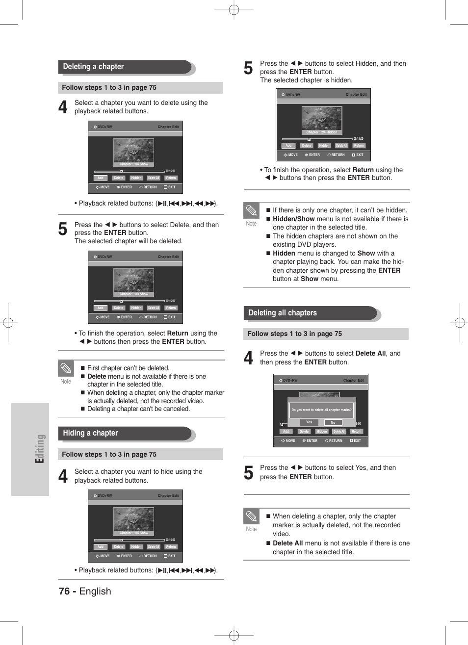 Editing, 76 - english, Deleting all chapters | Deleting a chapter, Hiding a chapter, Follow steps 1 to 3 in page 75 | Samsung DVD-VR330-XAA User Manual | Page 76 / 99