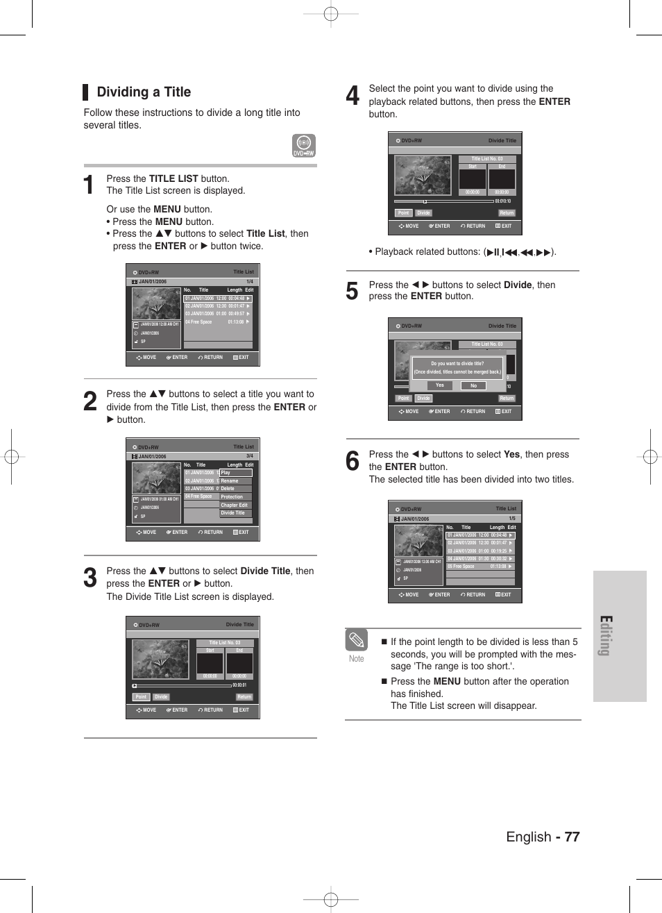 Dividing a title, Editing, English - 77 | Samsung DVD-VR330-XAA User Manual | Page 77 / 99