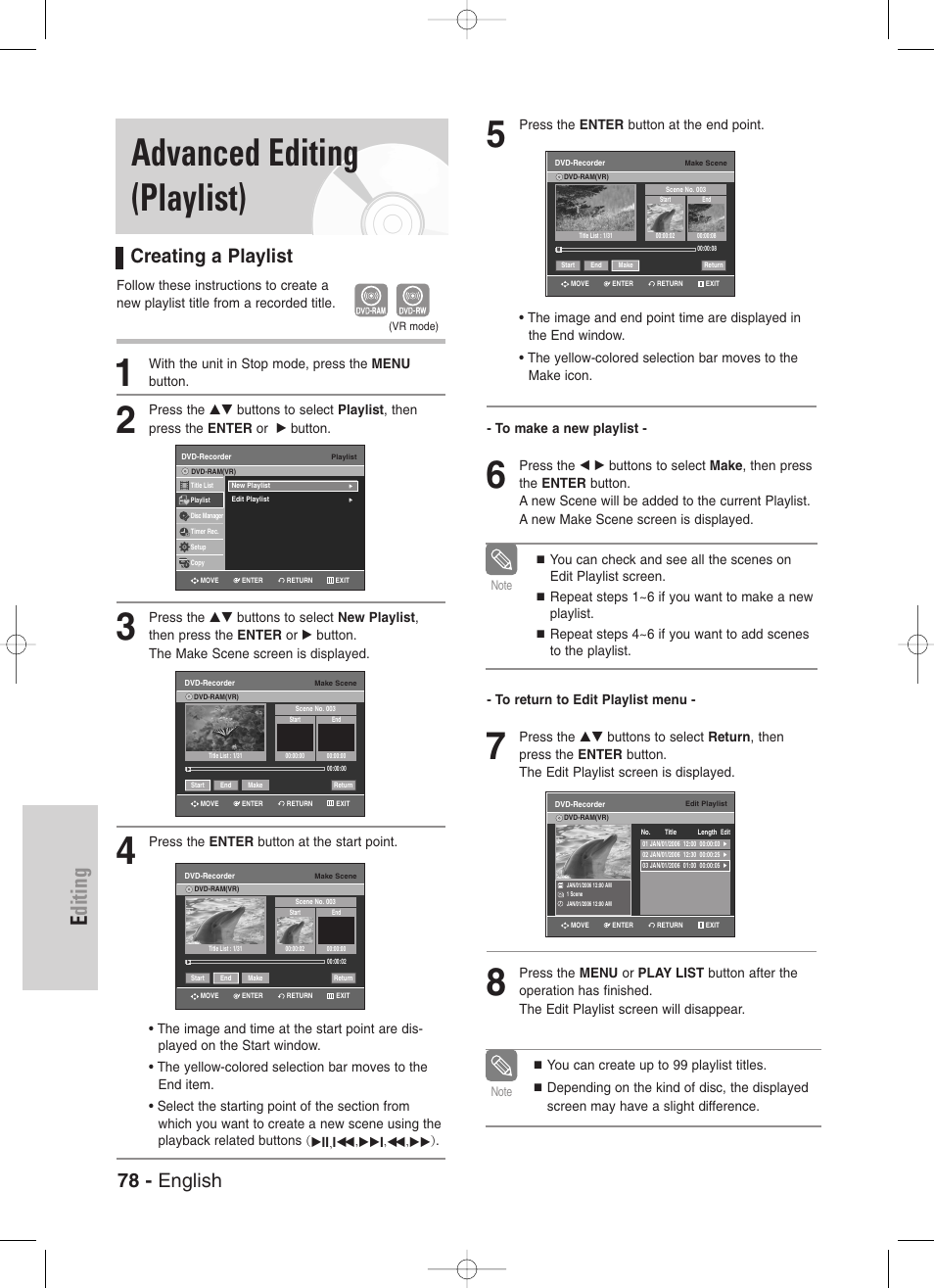 Advanced editing (playlist), Creating a playlist, Editing | 78 - english | Samsung DVD-VR330-XAA User Manual | Page 78 / 99