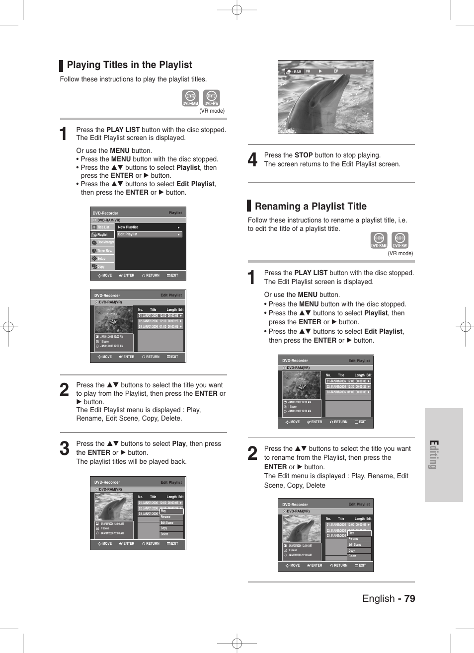 Playing titles in the playlist, Playlist dvd-recorder renaming a playlist title, Editing | English - 79, Renaming a playlist title | Samsung DVD-VR330-XAA User Manual | Page 79 / 99