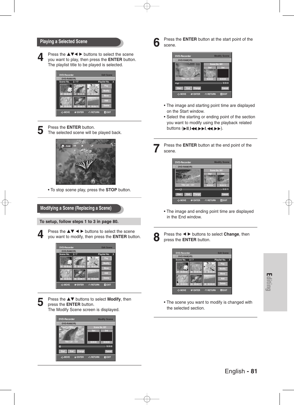 Editing, English - 81, Playing a selected scene | Modifying a scene (replacing a scene) | Samsung DVD-VR330-XAA User Manual | Page 81 / 99