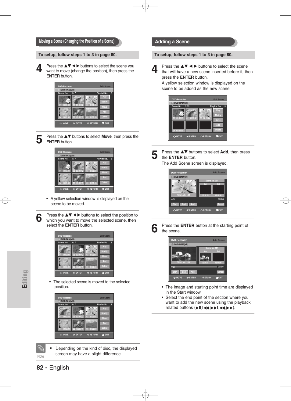 Editing, 82 - english, Moving a scene (changing the position of a scene) | Adding a scene | Samsung DVD-VR330-XAA User Manual | Page 82 / 99