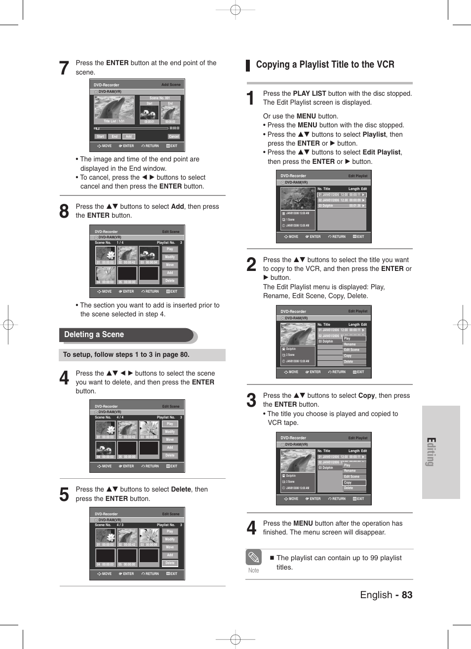 Copying a playlist title to the vcr, Editing, English - 83 | Deleting a scene | Samsung DVD-VR330-XAA User Manual | Page 83 / 99