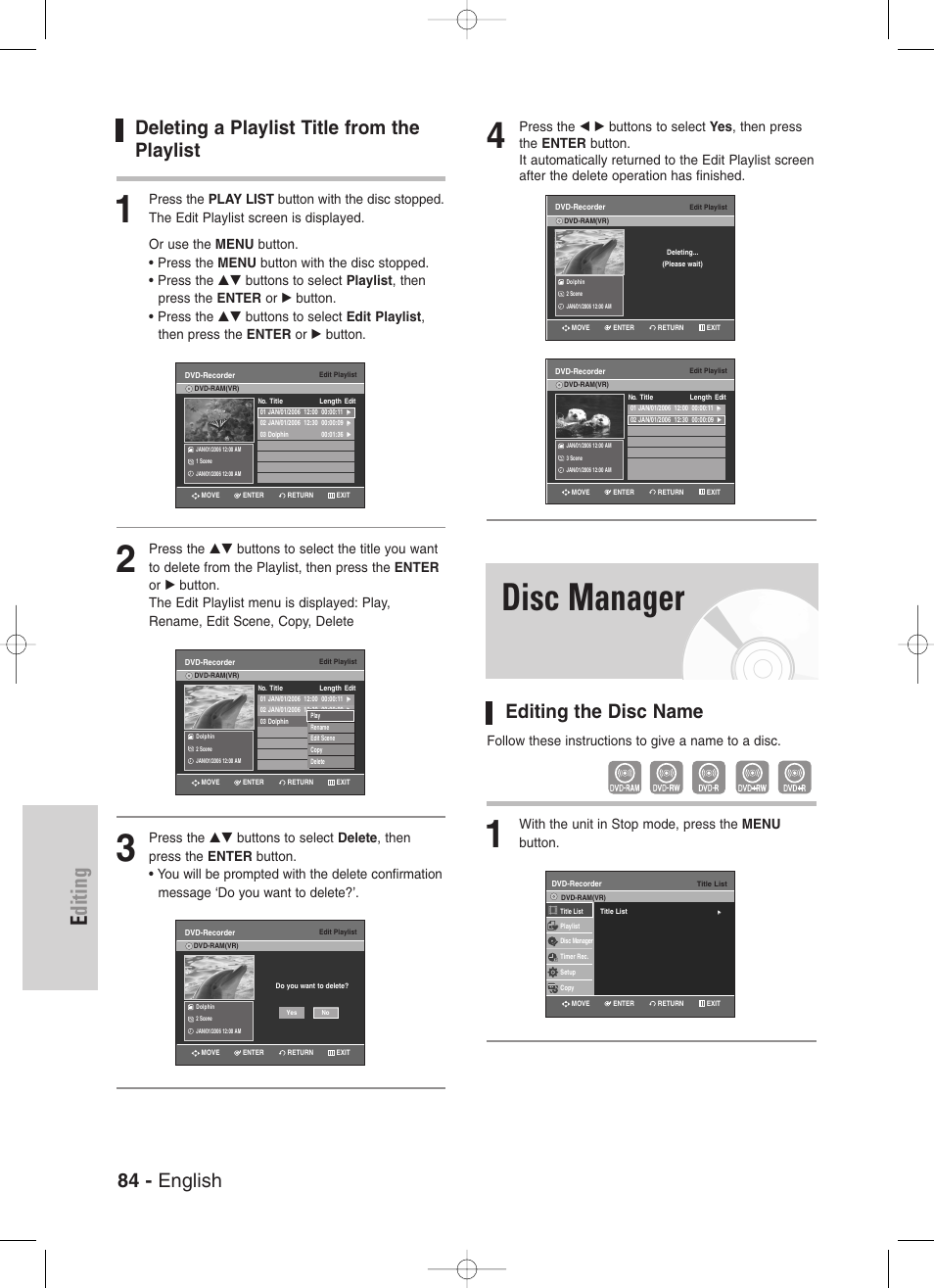 Deleting a playlist title from the playlist, Disc manager, Editing the disc name | Editing, 84 - english, Follow these instructions to give a name to a disc, With the unit in stop mode, press the menu button | Samsung DVD-VR330-XAA User Manual | Page 84 / 99