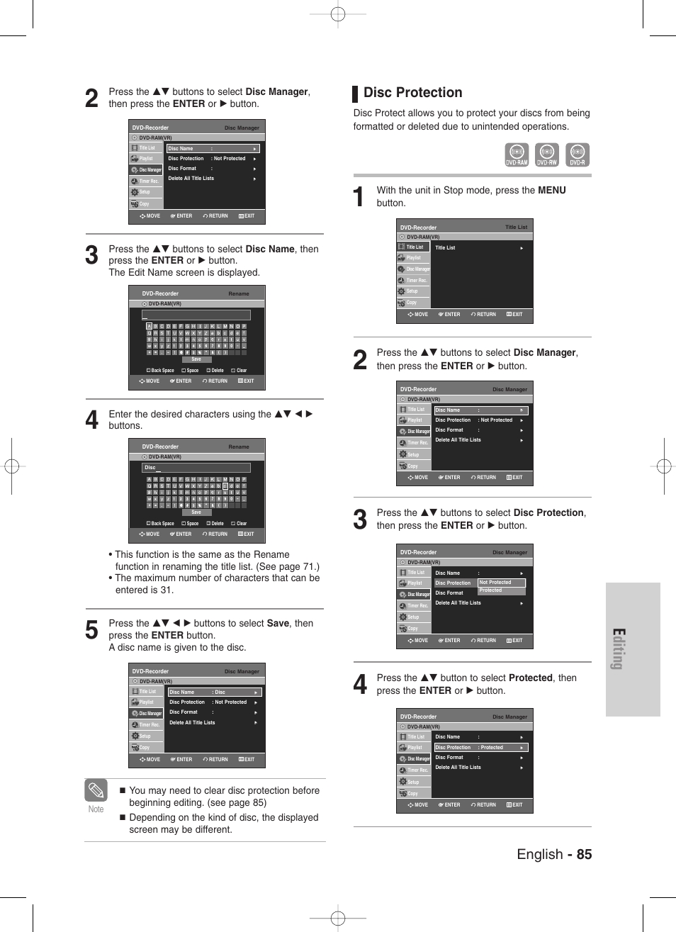 Disc protection, Editing, English - 85 | With the unit in stop mode, press the menu button | Samsung DVD-VR330-XAA User Manual | Page 85 / 99