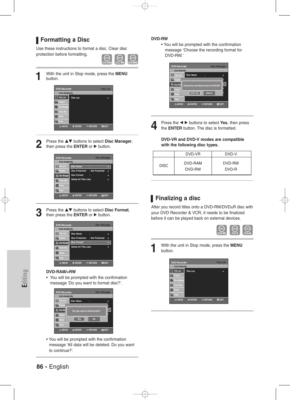 Formatting a disc, Finalizing a disc, Editing | 86 - english, With the unit in stop mode, press the menu button, Dvd-vr dvd-v dvd-ram dvd-rw dvd-rw dvd-r disc | Samsung DVD-VR330-XAA User Manual | Page 86 / 99