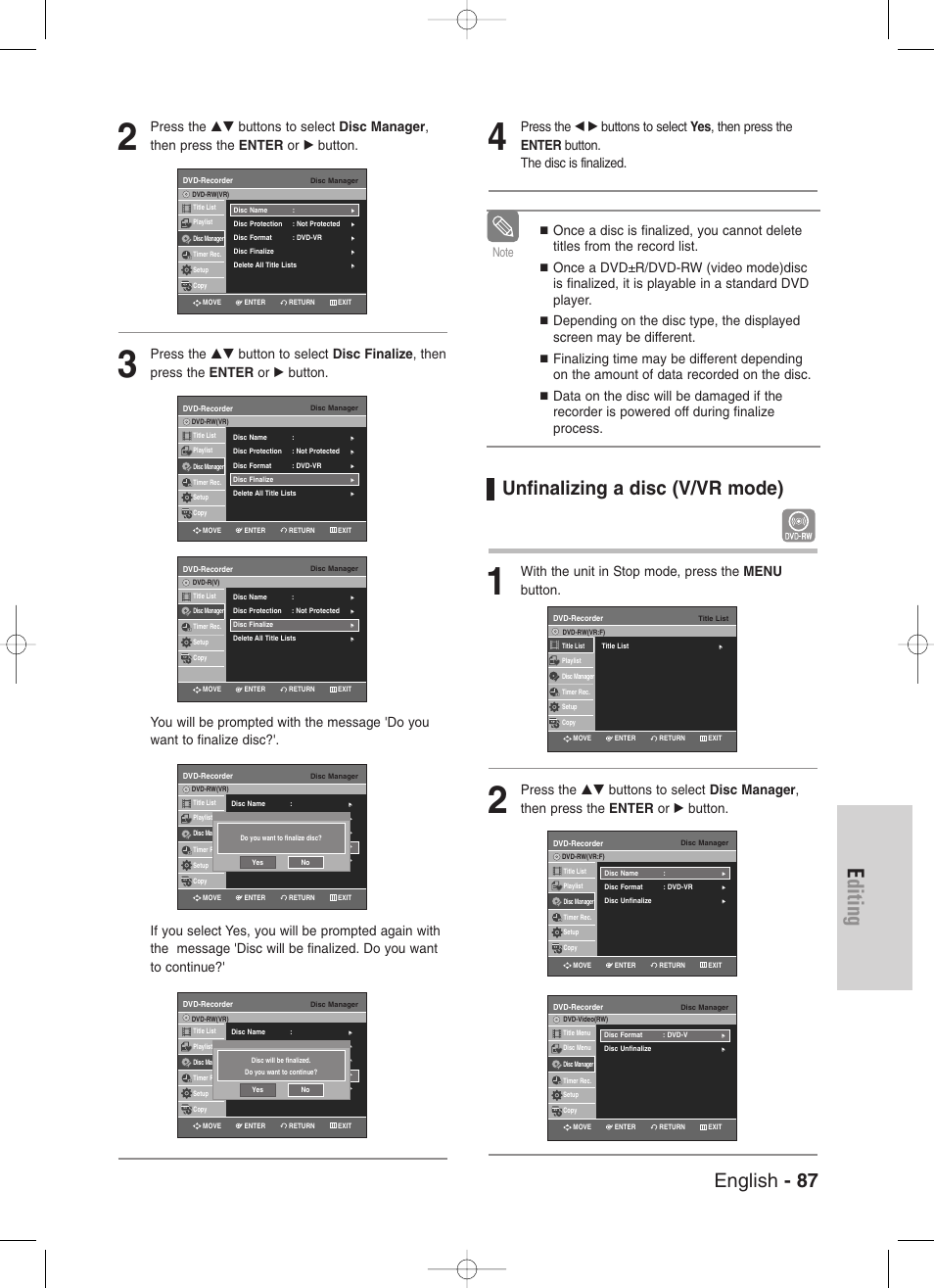 Unfinalizing a disc (v/vr mode), Editing, English - 87 | With the unit in stop mode, press the menu button | Samsung DVD-VR330-XAA User Manual | Page 87 / 99