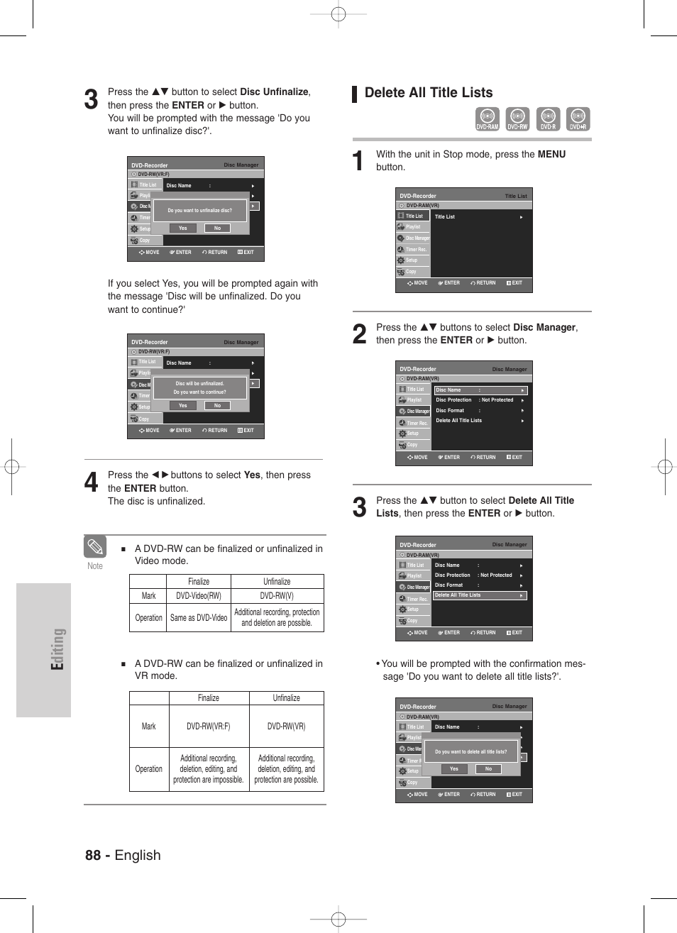 Delete all title lists, Editing, 88 - english | With the unit in stop mode, press the menu button | Samsung DVD-VR330-XAA User Manual | Page 88 / 99