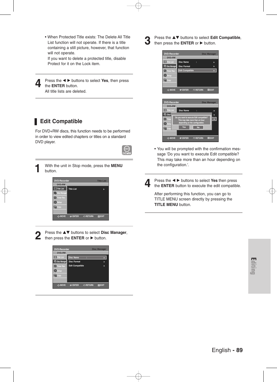 Edit compatible, Editing, English - 89 | With the unit in stop mode, press the menu button | Samsung DVD-VR330-XAA User Manual | Page 89 / 99