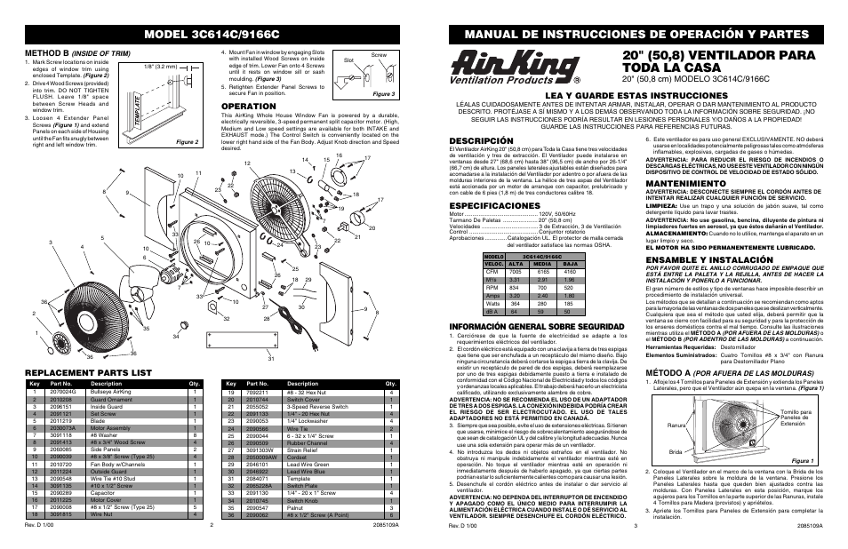 Manual de instrucciones de operación y partes, Replacement parts list, Lea y guarde estas instrucciones | Descripción, Especificaciones, Mantenimiento, Ensamble y instalación, Método a, Method b, Operation | Air King 3C614C User Manual | Page 2 / 2