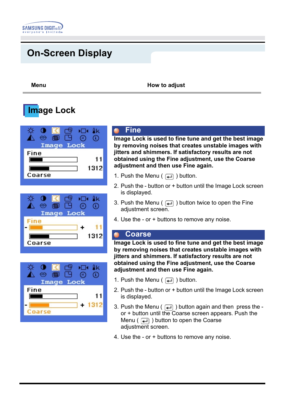 On-screen display, Image lock, Fine coarse | Samsung GH17VSSN User Manual | Page 27 / 70