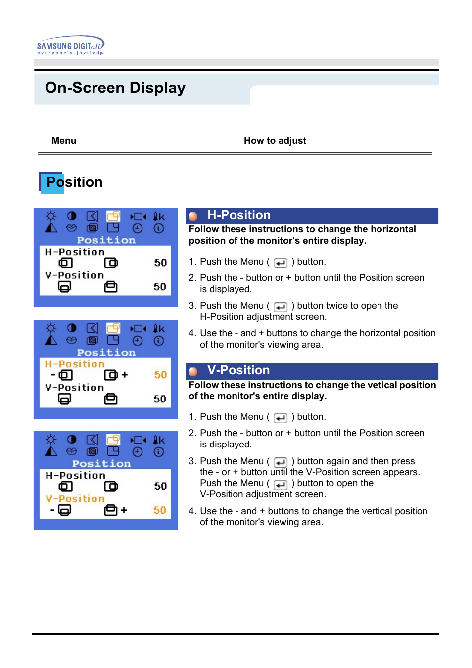 On-screen display, Position, H-position v-position | Samsung GH17VSSN User Manual | Page 28 / 70