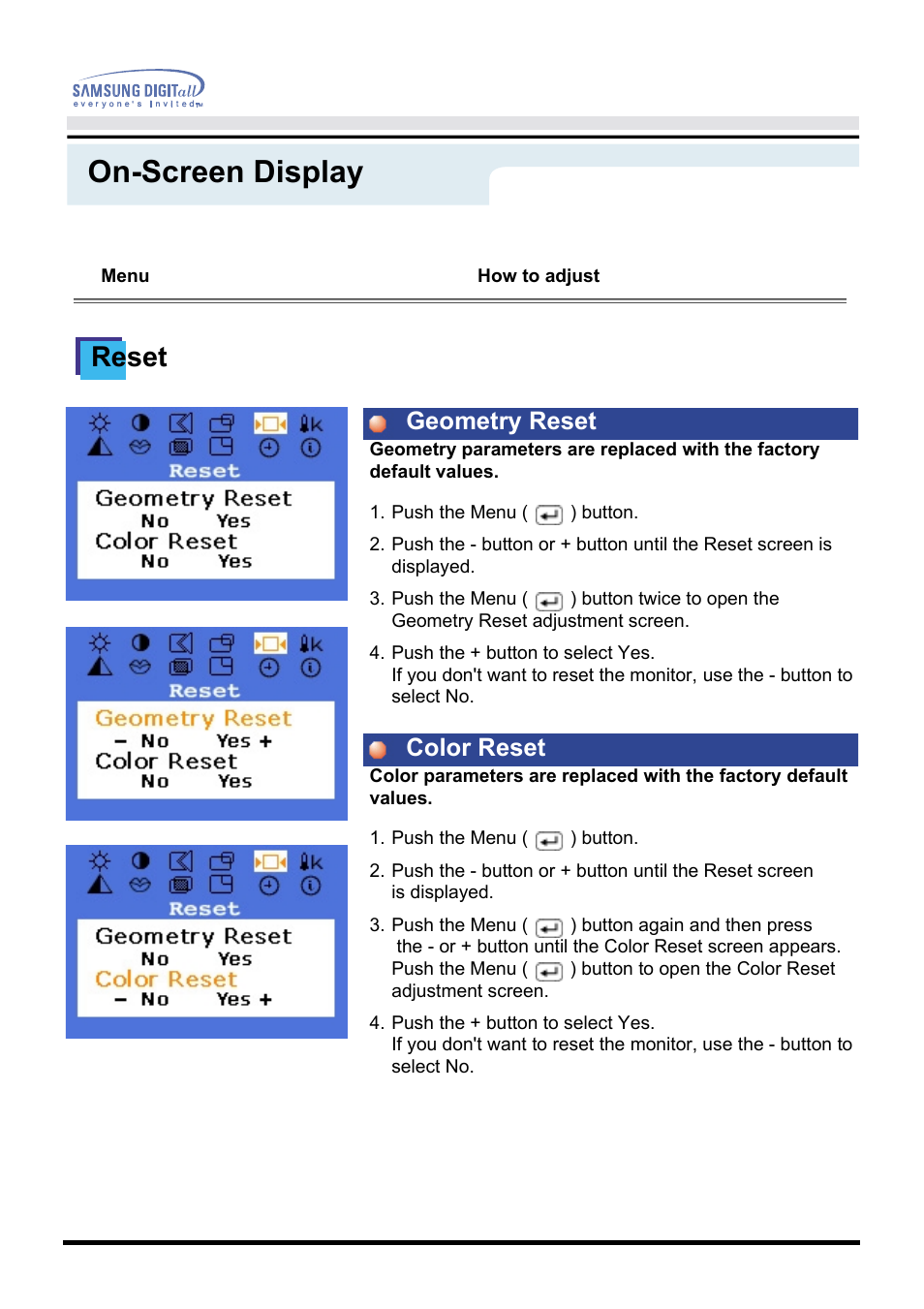 On-screen display, Reset, Geometry reset color reset | Samsung GH17VSSN User Manual | Page 29 / 70