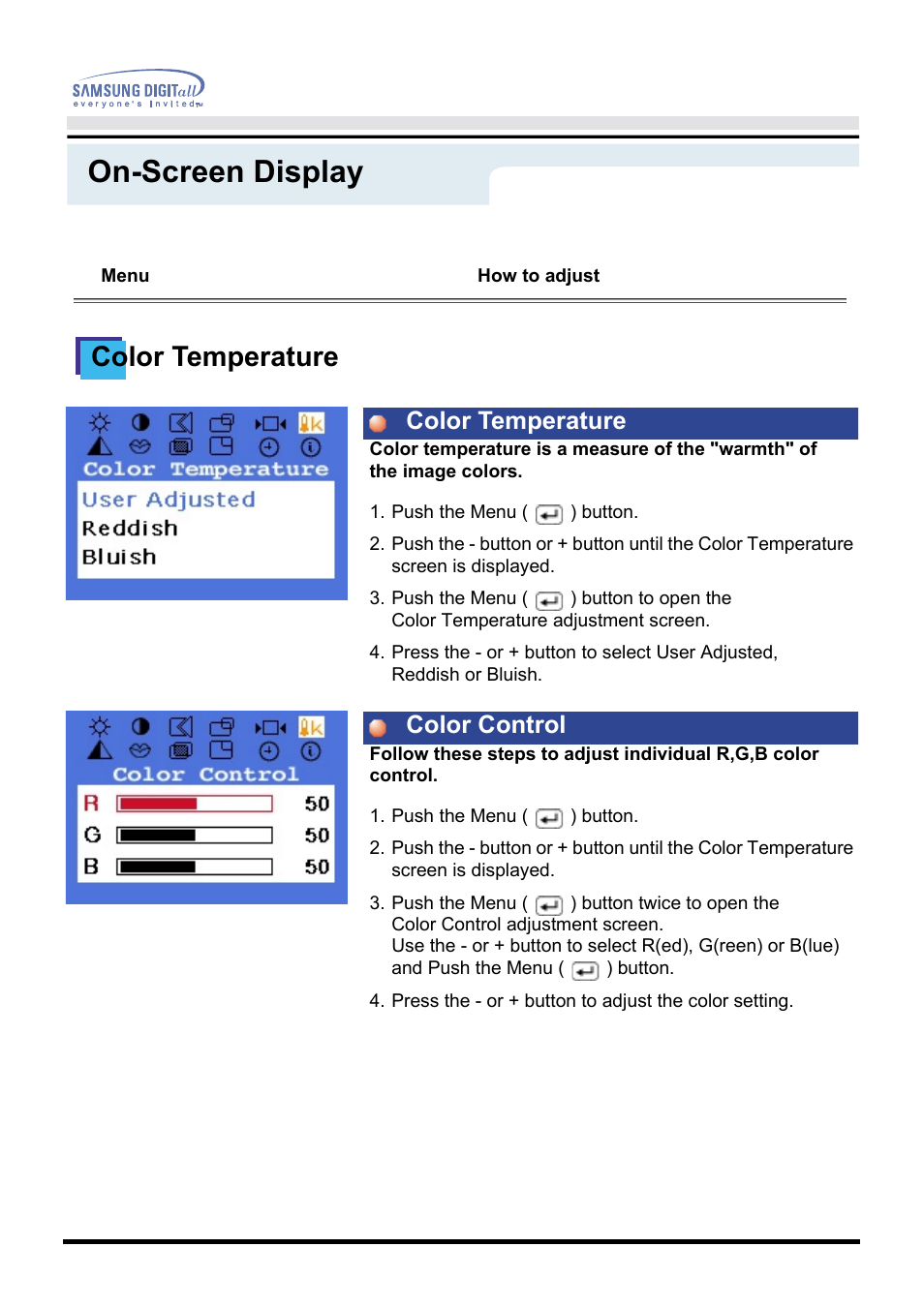 On-screen display, Color temperature, Color temperature color control | Samsung GH17VSSN User Manual | Page 30 / 70