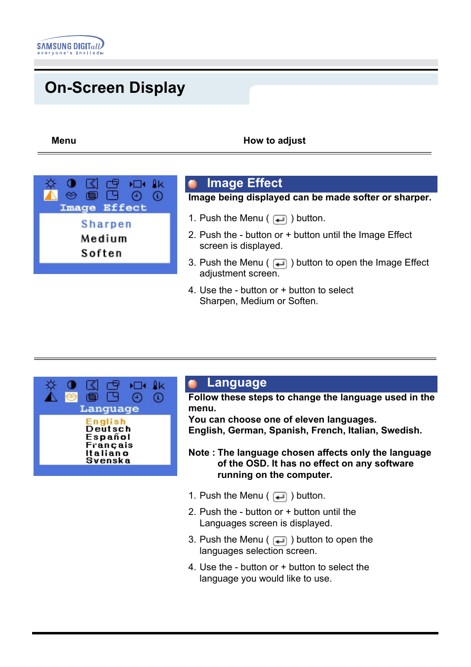 On-screen display, Image effect language | Samsung GH17VSSN User Manual | Page 31 / 70