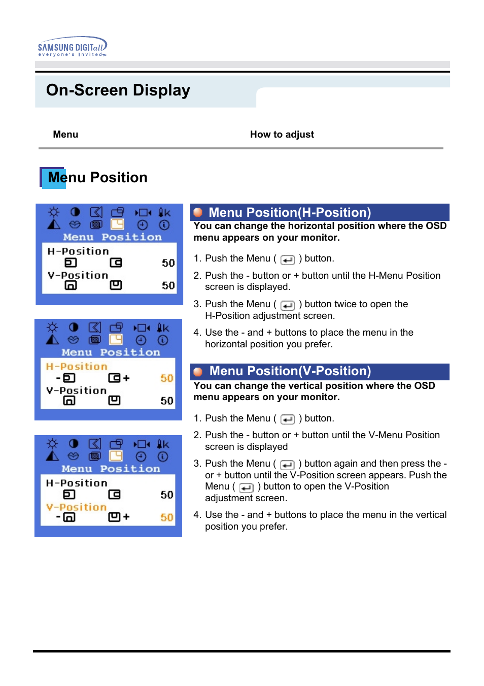 On-screen display, Menu position | Samsung GH17VSSN User Manual | Page 33 / 70