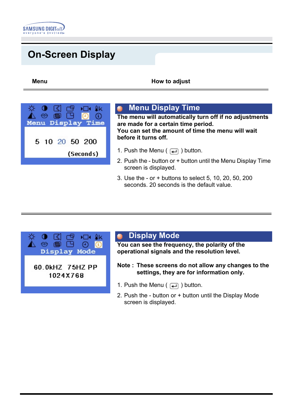 On-screen display, Menu display time display mode | Samsung GH17VSSN User Manual | Page 34 / 70