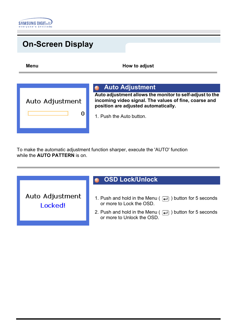 On-screen display, Auto adjustment osd lock/unlock | Samsung GH17VSSN User Manual | Page 35 / 70