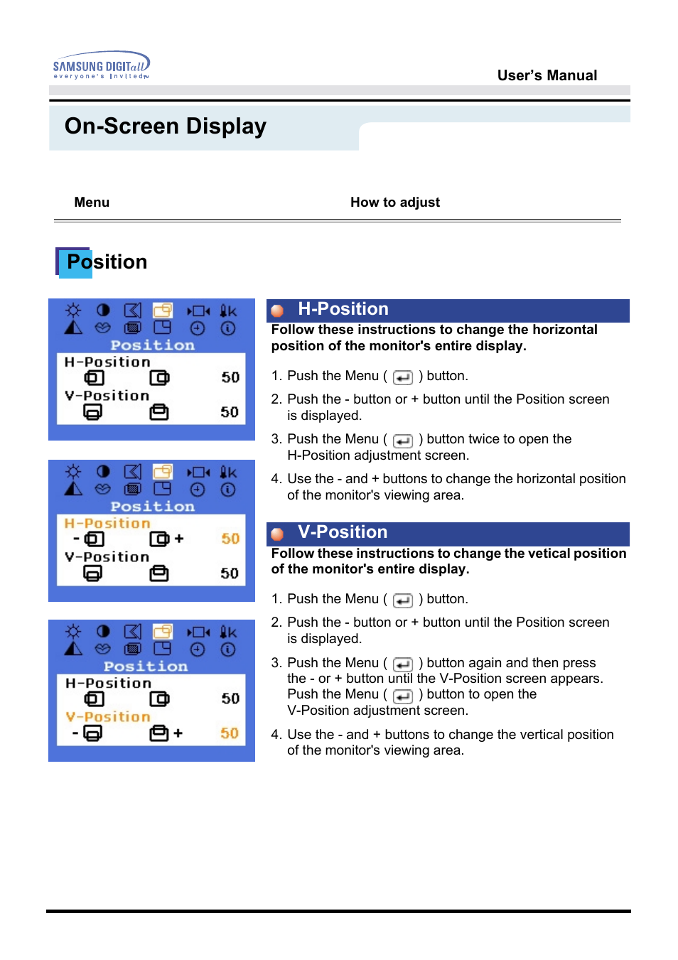 On-screen display, Position, H-position v-position | Samsung GH17VSSN User Manual | Page 39 / 70