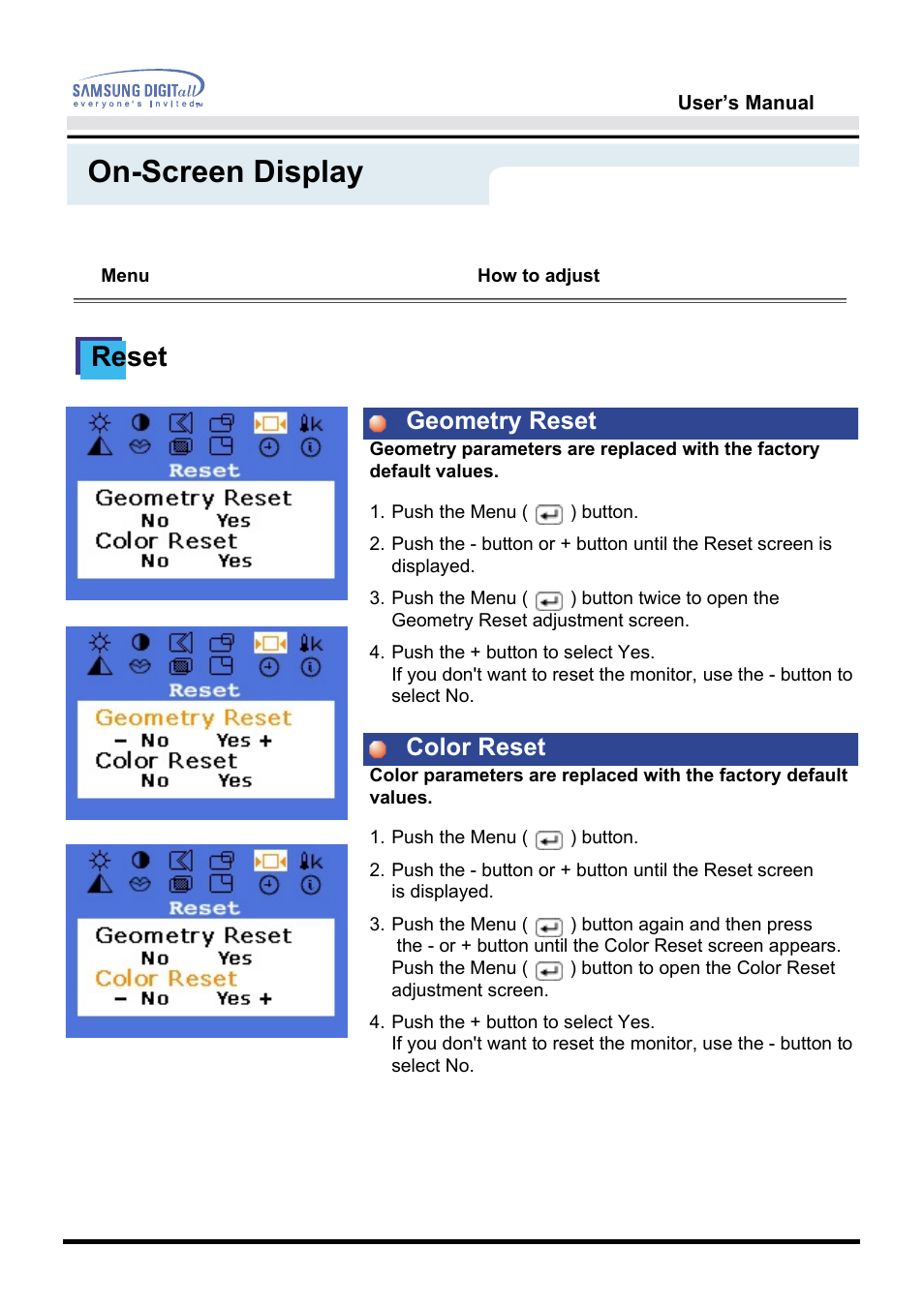 On-screen display, Reset, Geometry reset color reset | Samsung GH17VSSN User Manual | Page 40 / 70