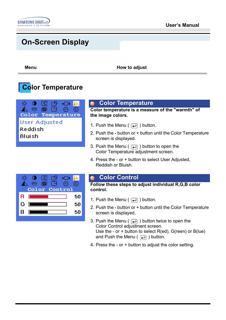 On-screen display, Color temperature, Color temperature color control | Samsung GH17VSSN User Manual | Page 41 / 70